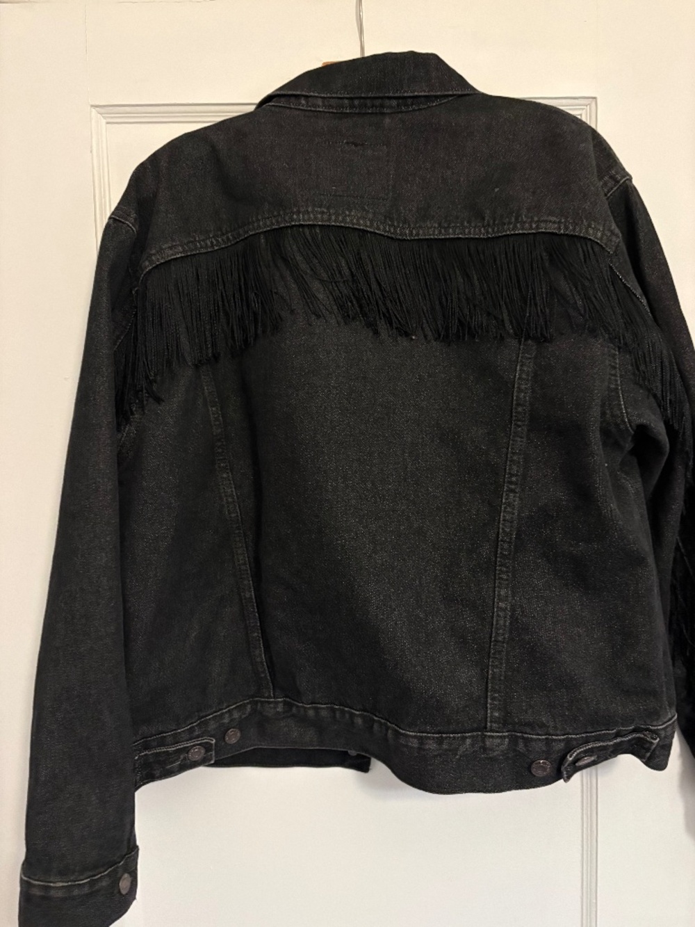 Levi's Black Denim Ex-Boyfriend Trucker Jacket with Fringe